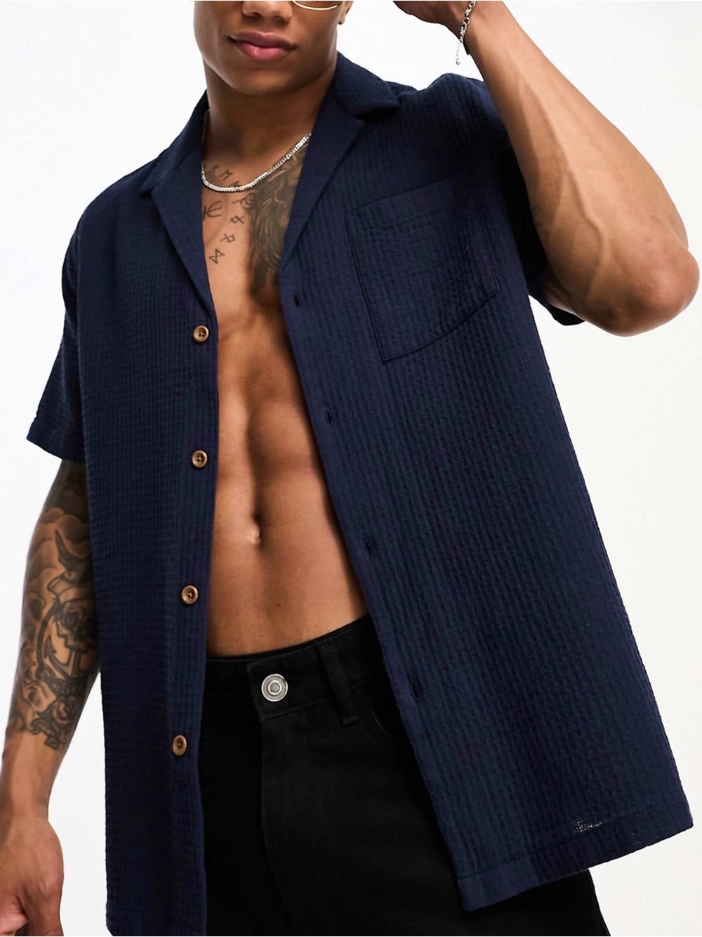 ASOS DESIGN Relaxed Deep Camp Collar Waffle Button-Down Shirt in Navy